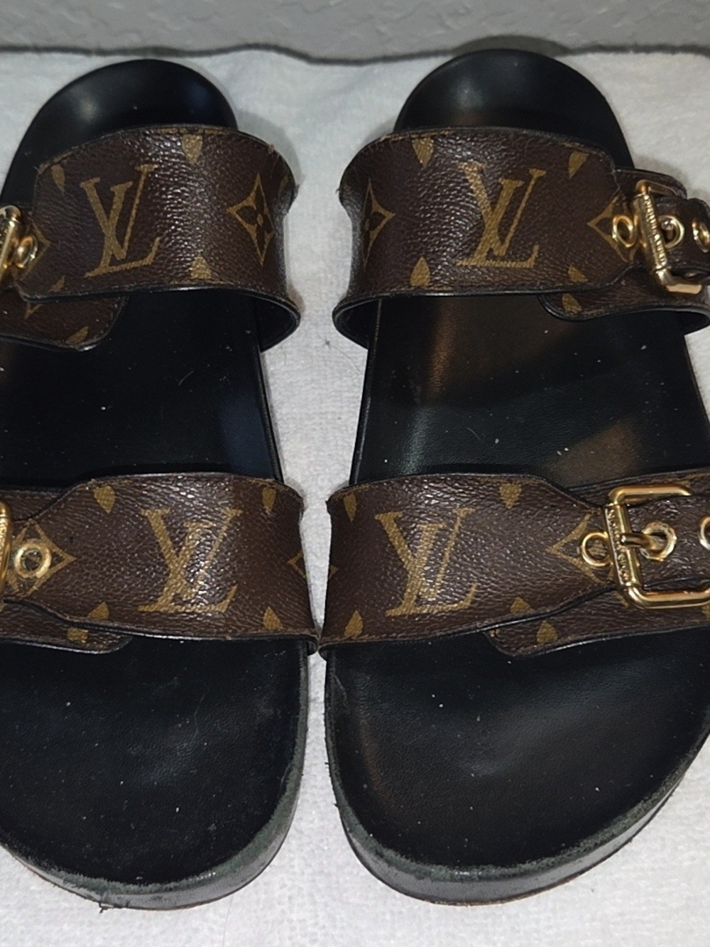 Louis Vuitton Monogram Double Strap Slides in Brown